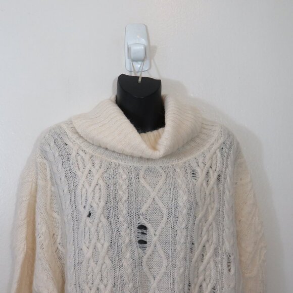 Free People Size Medium Distressed Cable Knit Sweater Ivory Destroyed Funnel - Picture 2 of 7